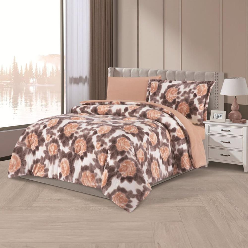 مفرش شتوي مخمل مفرد ونص 4 قطع - تالورا - بني غامق - بيج