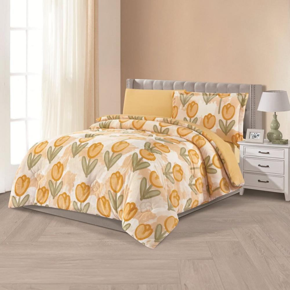 مفرش شتوي مخمل مفرد ونص 4 قطع - تالورا - كريمي - أصفر