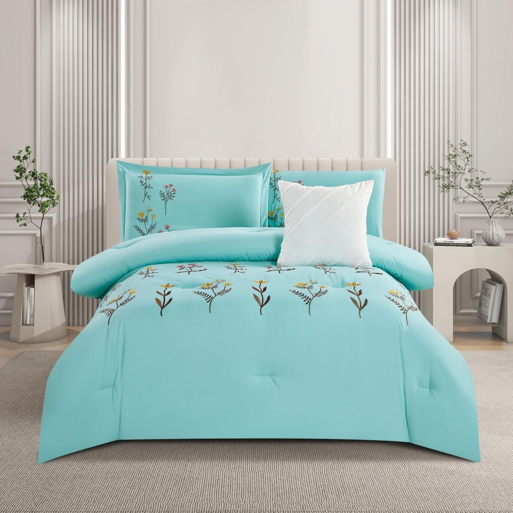 مفرش صيفي مفرد ونص مطرز فاخر 6 قطع - غراتسيا - فيروزي