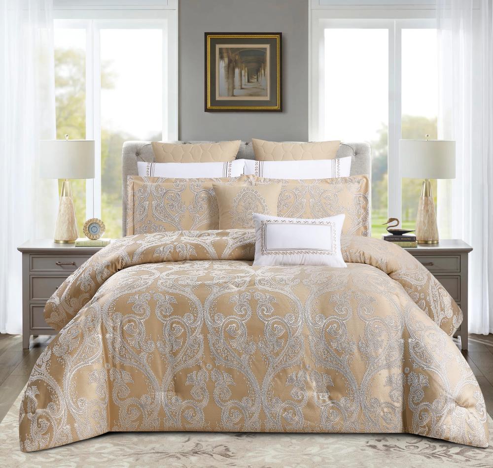 مفرش صيفي فاخر مزدوج جاكار مطرز 12 قطعة – كاسيانا - اللون بيج