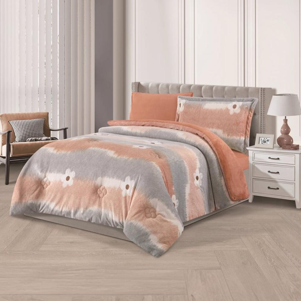 مفرش شتوي مخمل مفرد ونص 4 قطع - تالورا - رمادي - خوخي