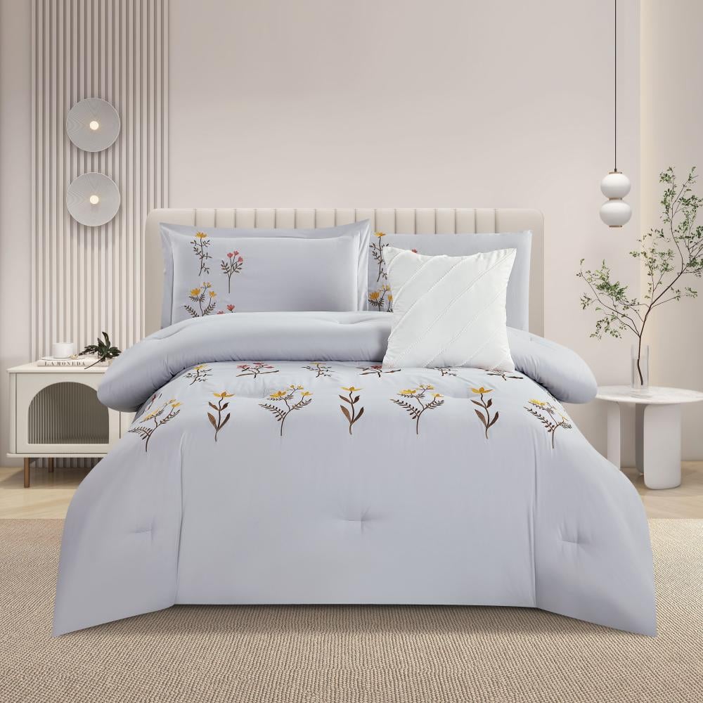 مفرش صيفي مفرد ونص مطرز فاخر 6 قطع - غراتسيا - رصاصي