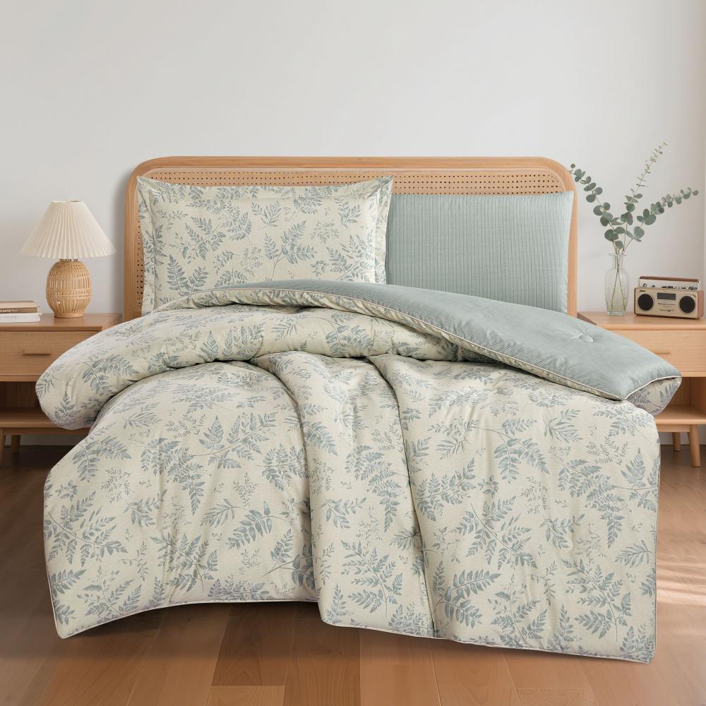 مفرش قطن صيفي مفرد ونص ٤ قطع - نولين -بيج مشجر - زيتي