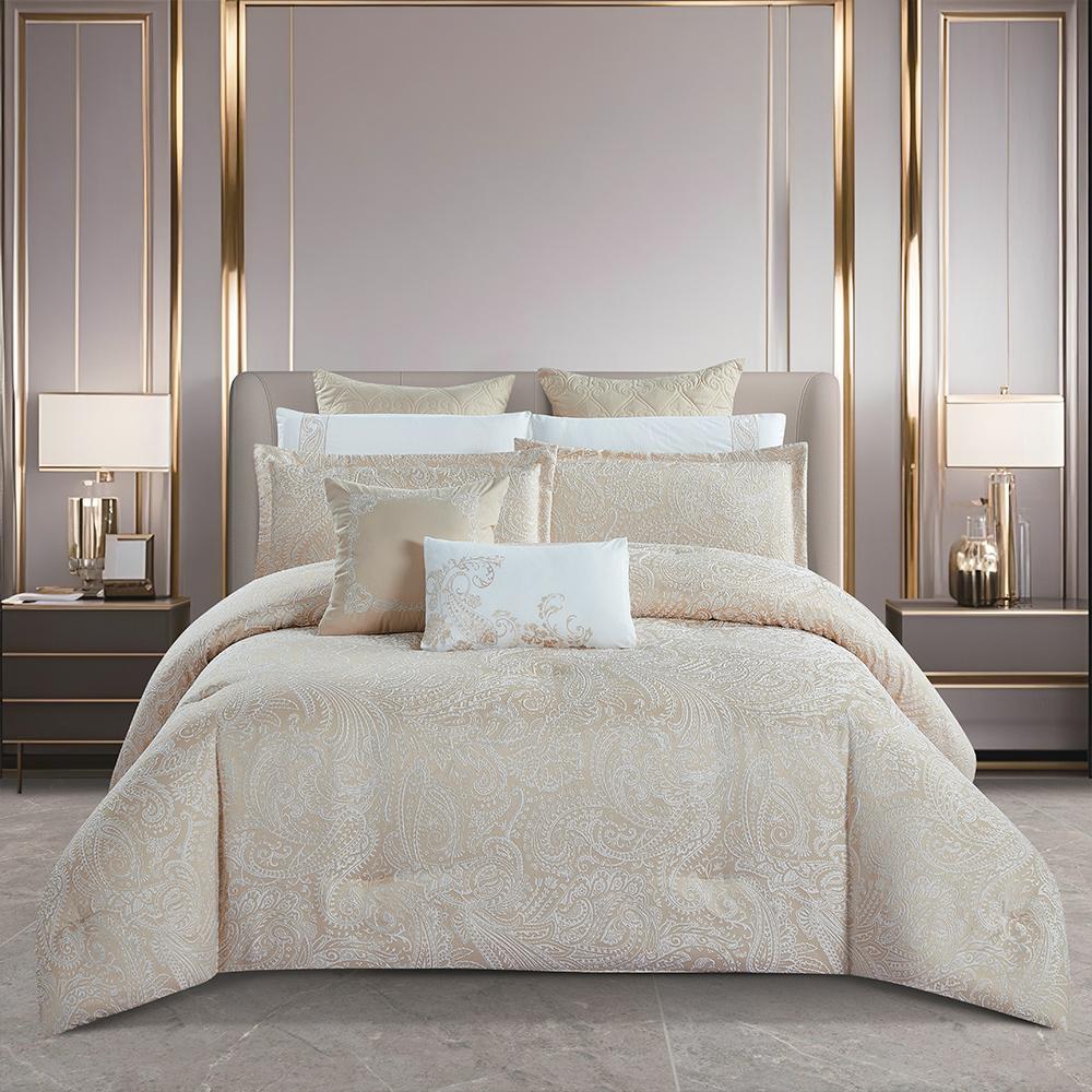 مفرش صيفي فاخر مزدوج جاكار مطرز 12 قطعة – لوتشيني Lucini– بيج فاتح