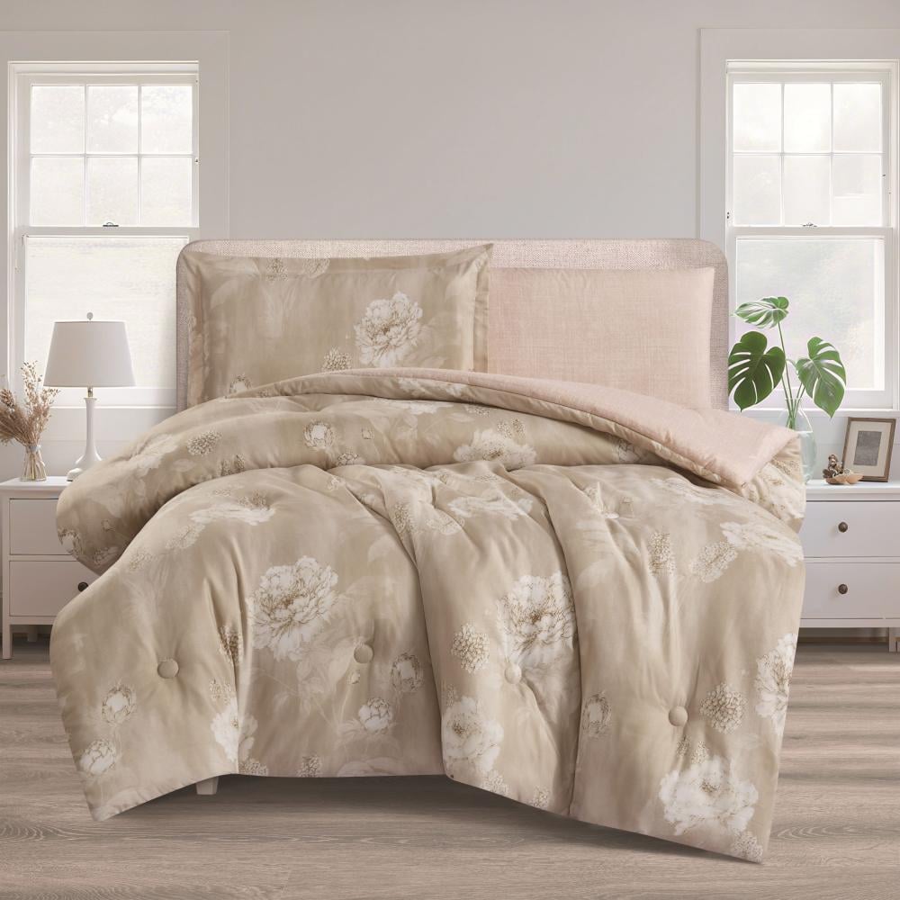 مفرش صيفي مفرد ونص 4 قطع - تيانا - بيج غامق - زهري فاتح