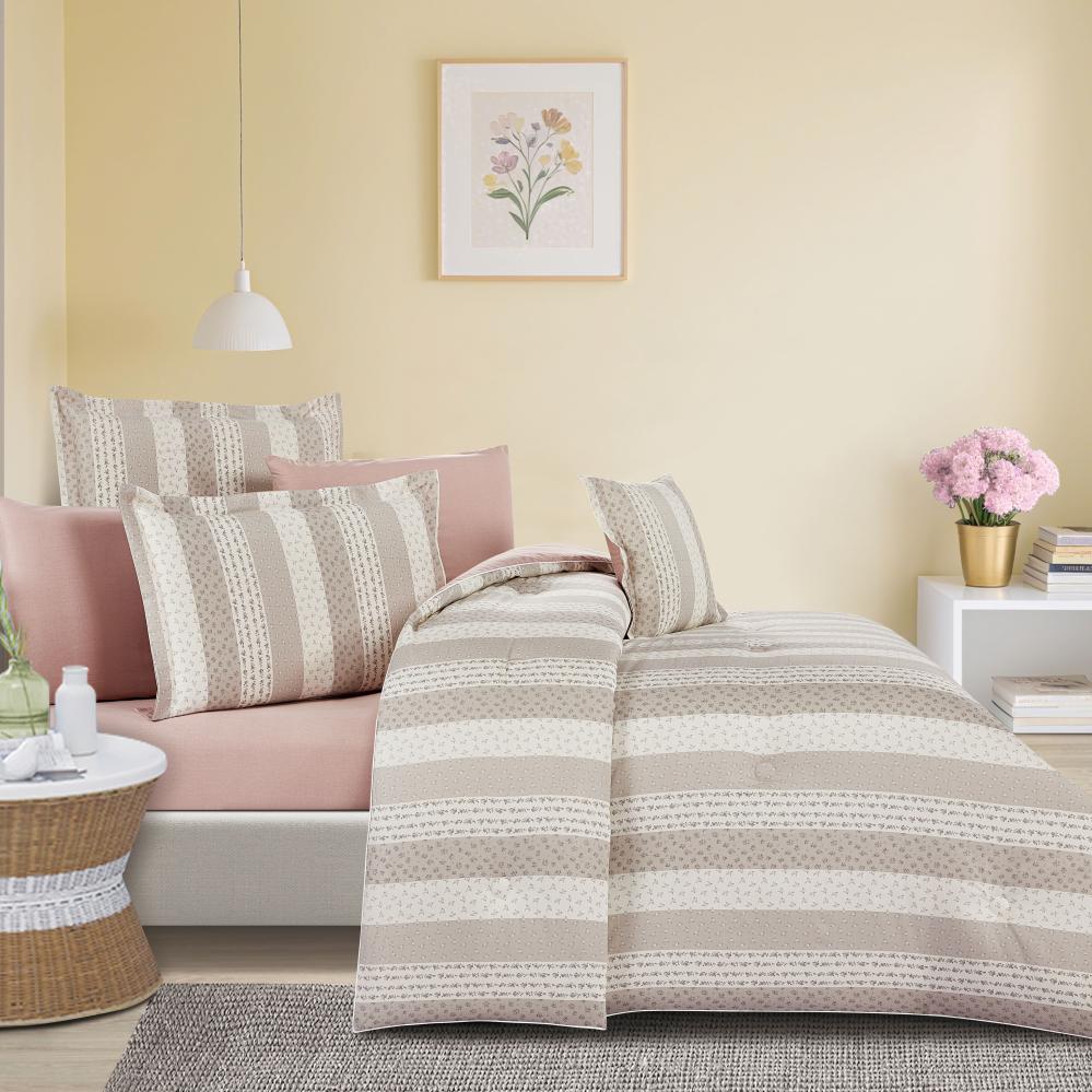 مفرش قطن  صيفي مقاس كوين 8 قطع - نوفارين - بيج - زهري