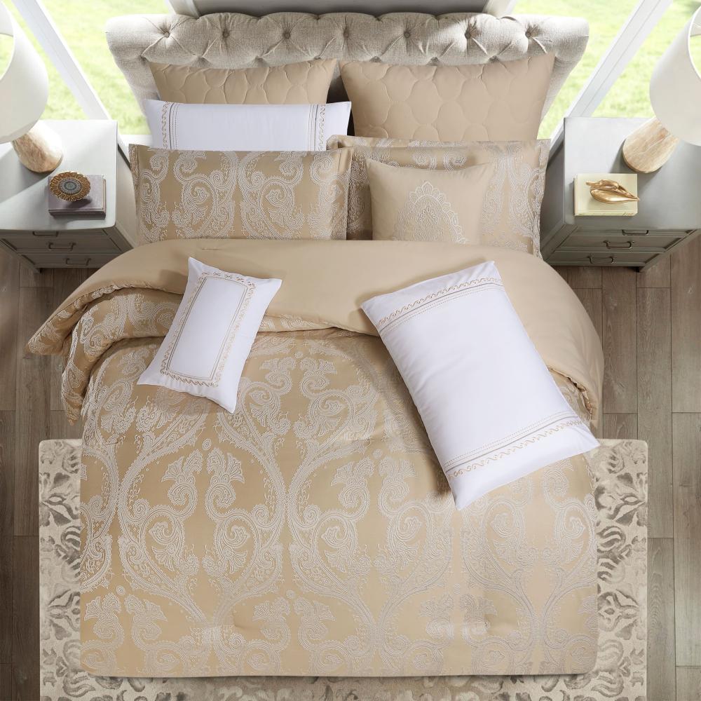 مفرش صيفي فاخر مزدوج جاكار مطرز 12 قطعة – كاسيانا - اللون بيج