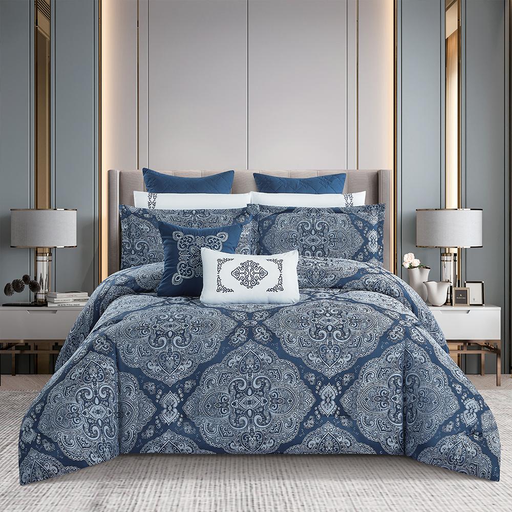 مفرش صيفي فاخر مزدوج جاكار مطرز 12 قطعة – لوتشيني Lucini– كحلي