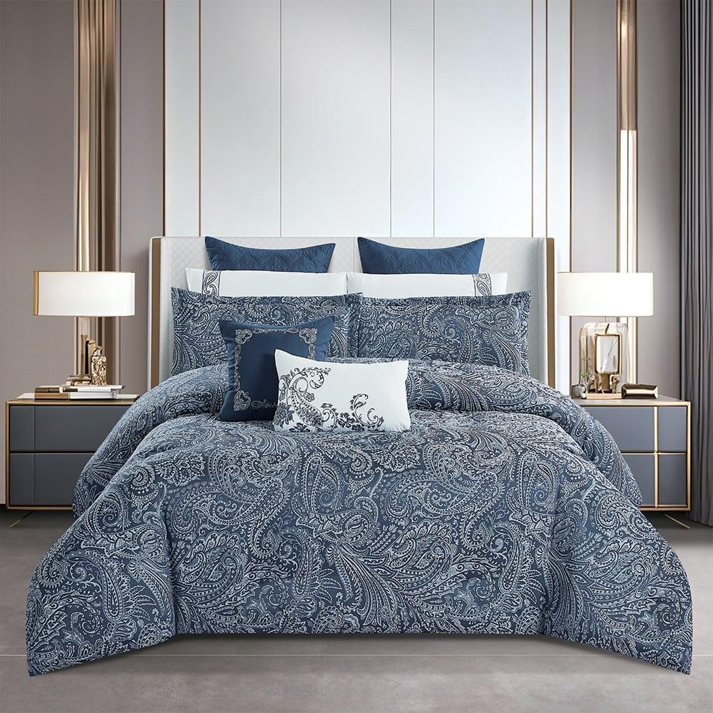 مفرش صيفي فاخر مفرد ونص جاكار مطرز 6 قطع – أمارثا – Amartha  – كحلي