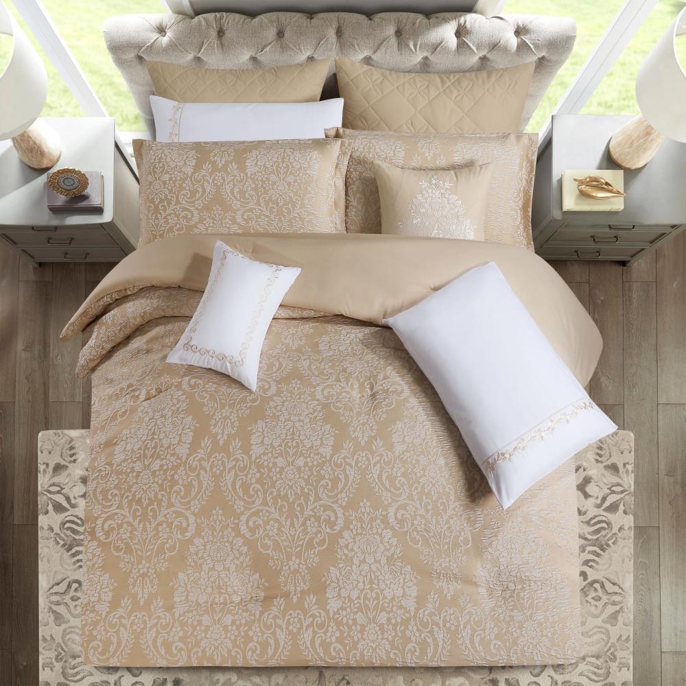 مفرش صيفي فاخر مزدوج جاكار مطرز 12 قطعة – كاسيانا - لون بيج
