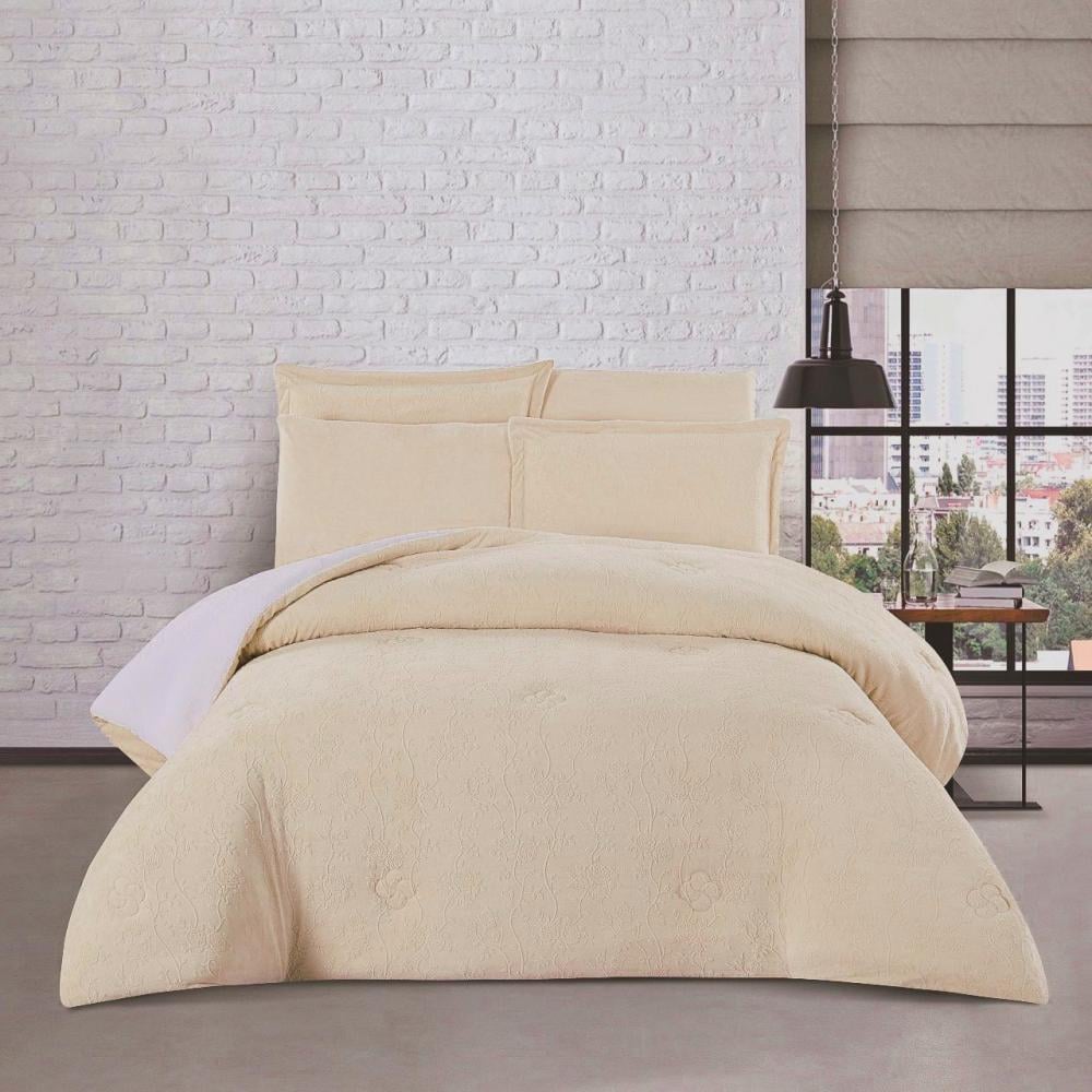 مفرش شتوي مزدوج مخمل فرو محفور 6 قطع - اورنيلا - بيج