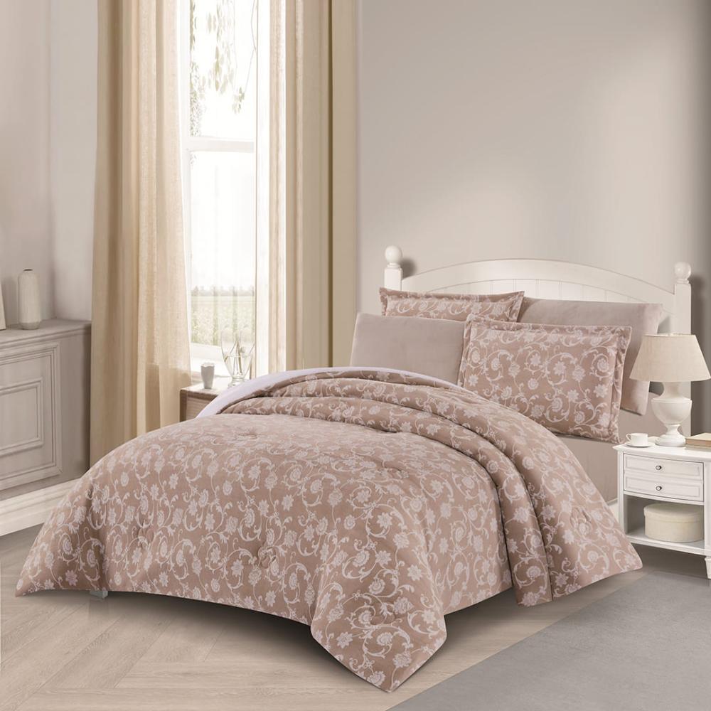 مفرش شتوي مخمل فرو مقاس كوين 6 قطع -ليزايا - بيج غامق - بيج فاتح