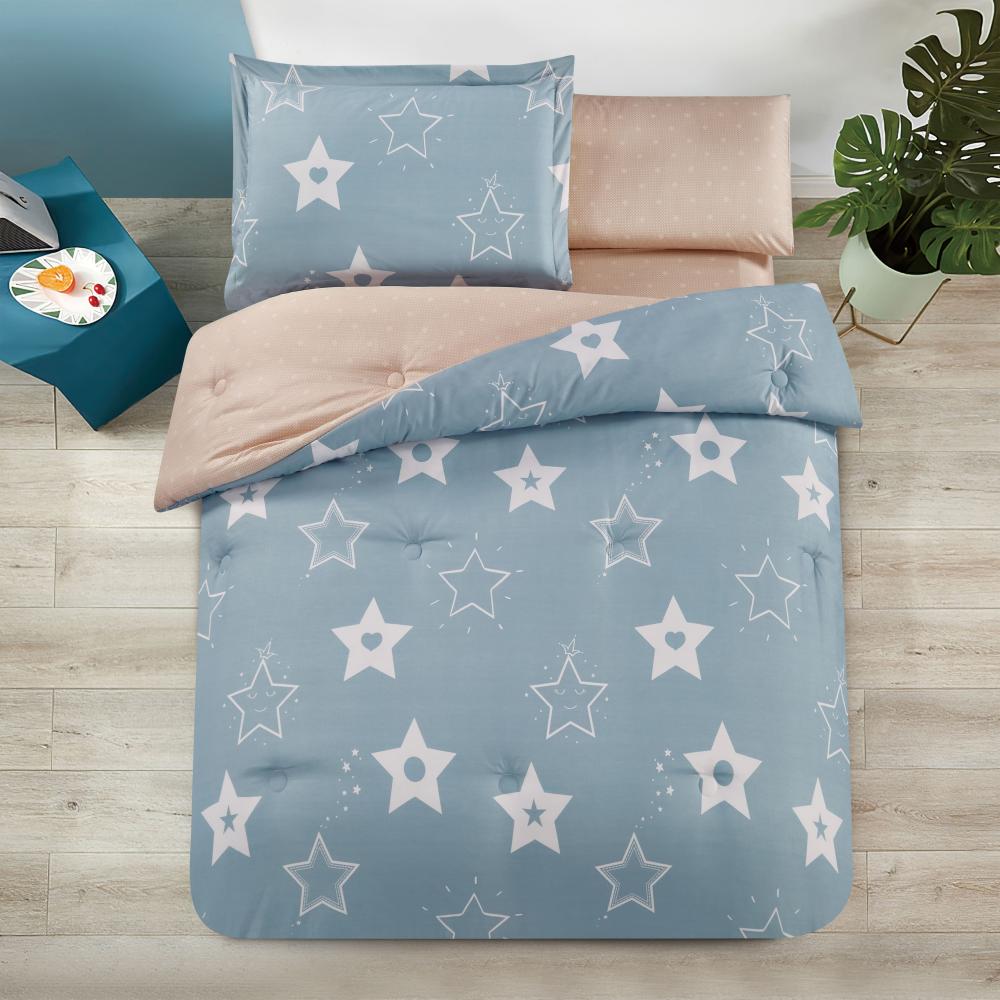 مفرش صيفي مفرد ونص 4 قطع - اديلين - ازرق فاتح - بيج