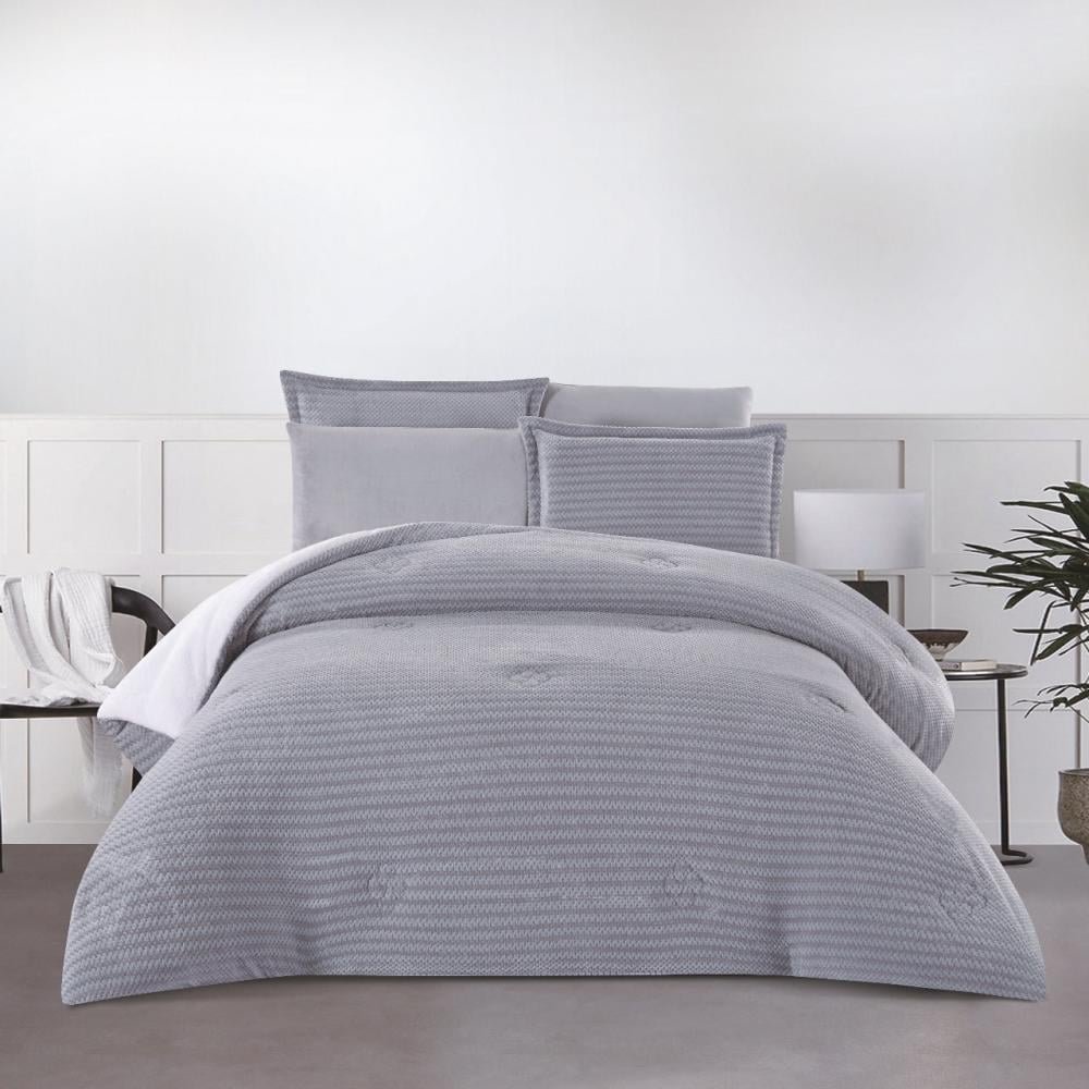 مفرش شتوي مزدوج مخمل فرو محفور 6 قطع - لينارا - رمادي فاتح