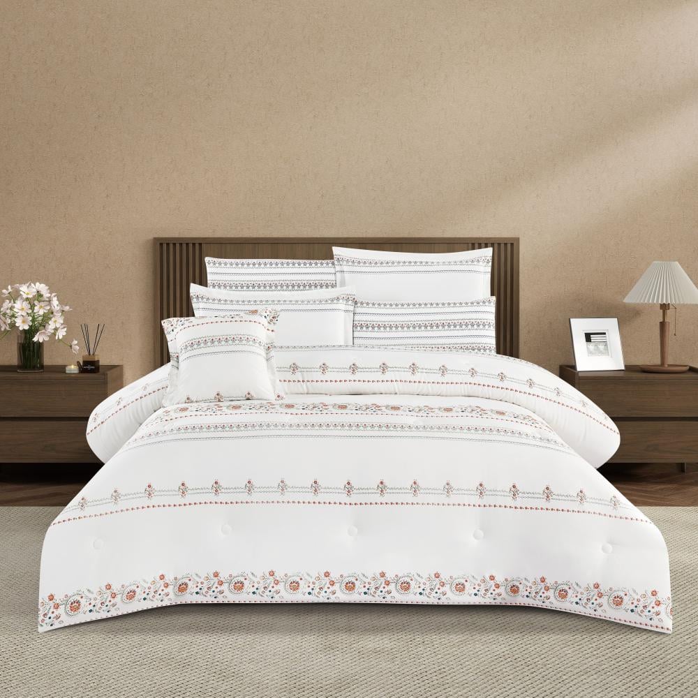 مفرش قطن  صيفي مقاس كوين 8 قطع - نوفارين - اوف وايت