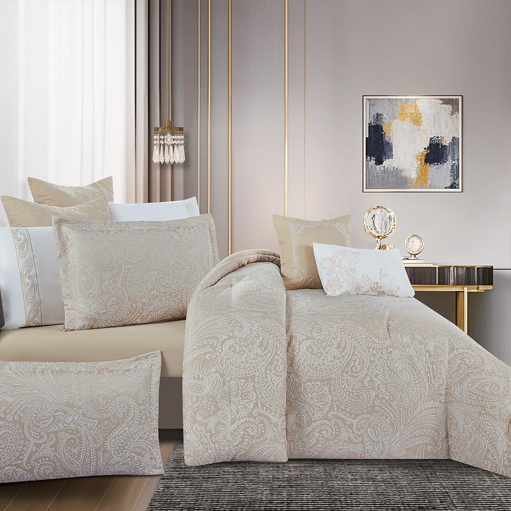 مفرش صيفي فاخر مزدوج جاكار مطرز 12 قطعة – لوتشيني Lucini– بيج فاتح