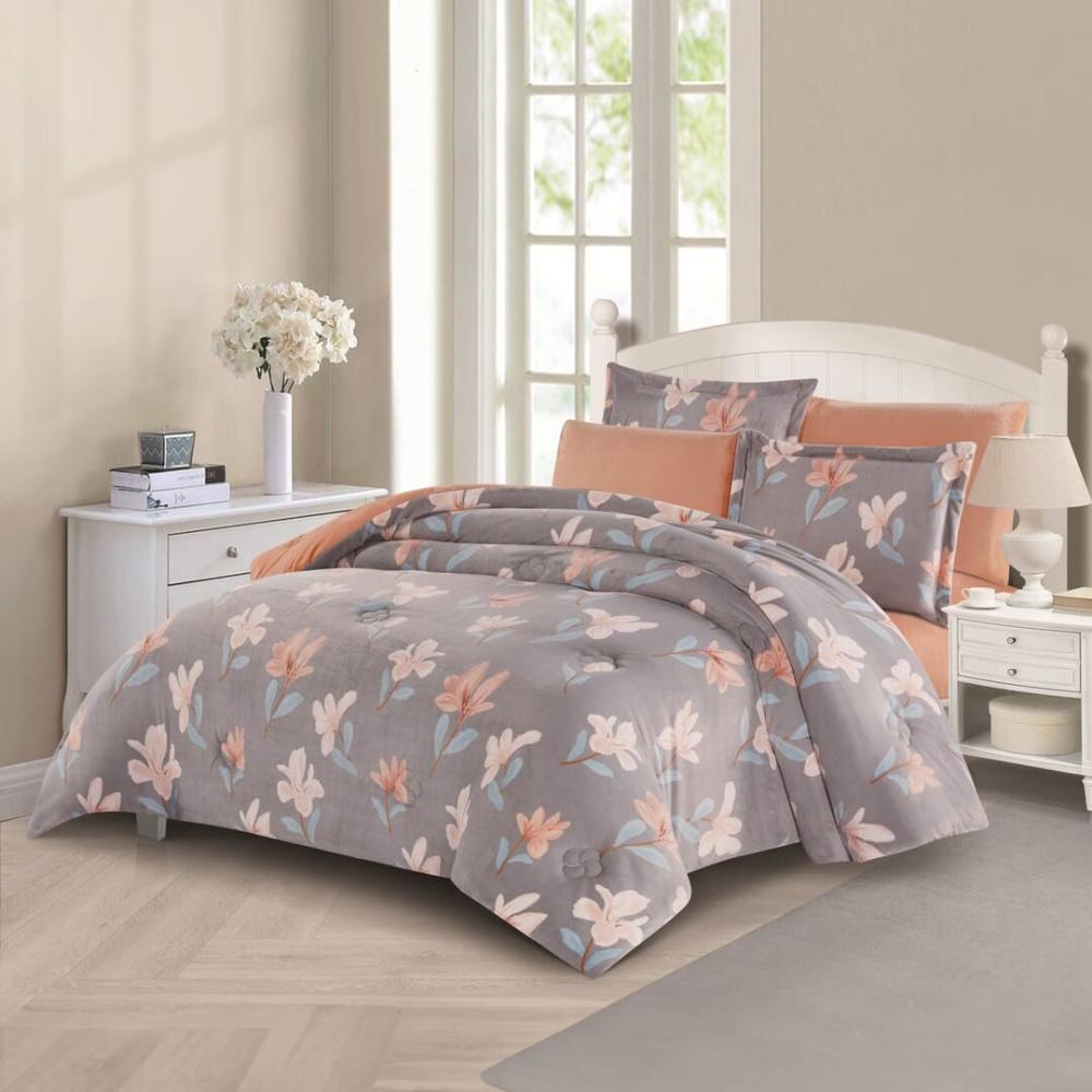 مفرش شتوي مخمل مفرد ونص 4 قطع - تالورا - رمادي - خوخي