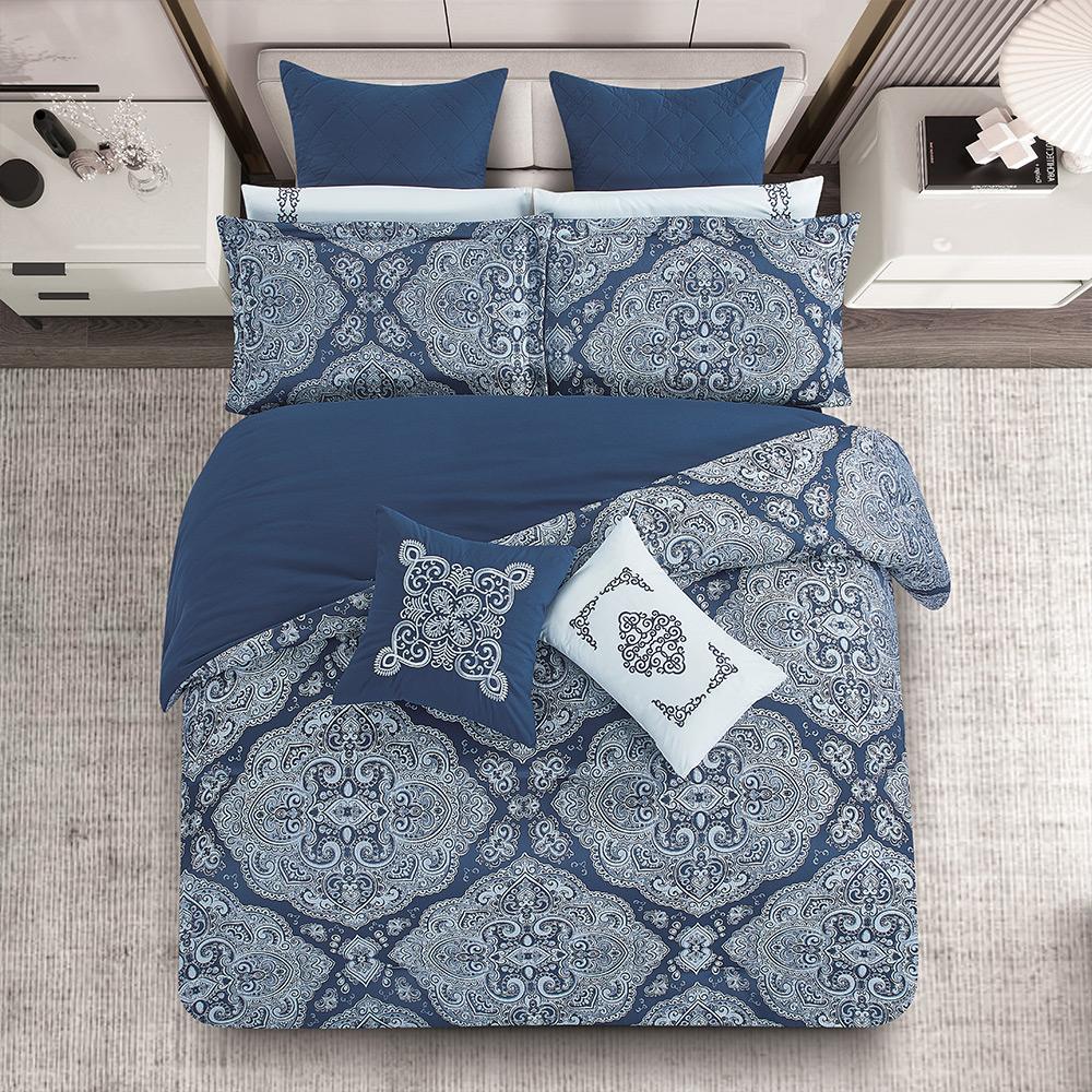 مفرش صيفي فاخر مزدوج جاكار مطرز 12 قطعة – لوتشيني Lucini– كحلي