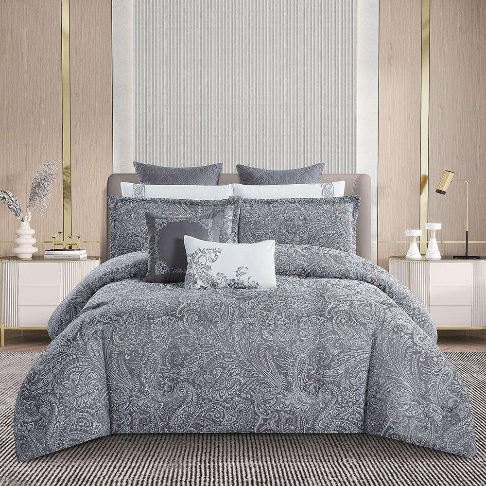 مفرش صيفي فاخر مفرد ونص جاكار مطرز 6 قطع – أمارثا – Amartha  – رمادي غامق