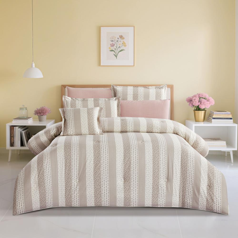 مفرش قطن  صيفي مقاس كوين 8 قطع - نوفارين - بيج - زهري