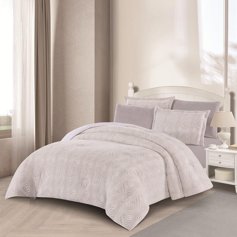 مفرش شتوي مخمل فرو مقاس كوين 6 قطع - فيرون - كريمي - رصاصي