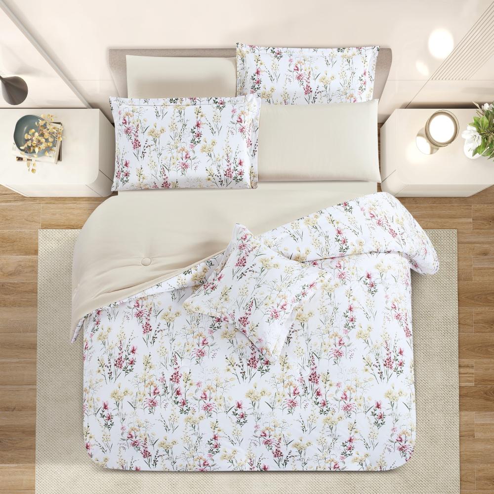 مفرش صيفي مفرد ونص وجهين 4 قطع - سيلون- ابيض - بيج فاتح