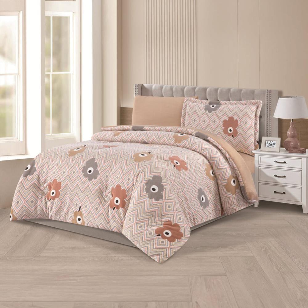 مفرش شتوي مخمل مفرد ونص 4 قطع - تالورا - رصاصي - بيج