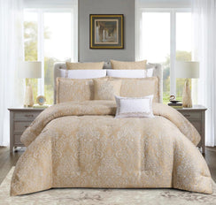 مفرش صيفي فاخر مزدوج جاكار مطرز 12 قطعة – كاسيانا - لون بيج