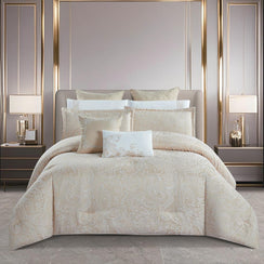 مفرش صيفي فاخر مزدوج جاكار مطرز 12 قطعة – لوتشيني Lucini– بيج فاتح