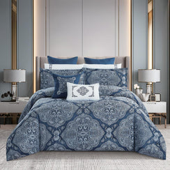 مفرش صيفي فاخر مزدوج جاكار مطرز 12 قطعة – لوتشيني Lucini– كحلي