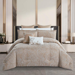 مفرش صيفي فاخر مزدوج جاكار مطرز 12 قطعة – لوتشيني Lucini– بيج غامق